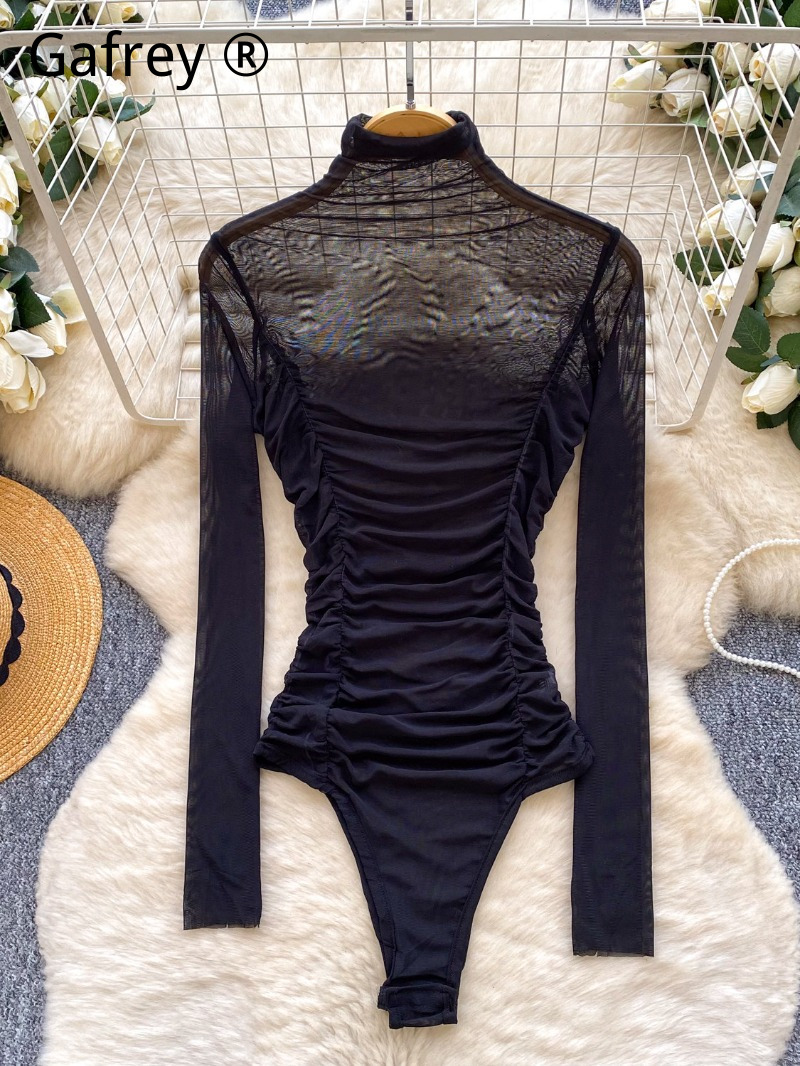 Body de malla gris sexy frunci - Turtleneck Bodysuit Office reseña y precio